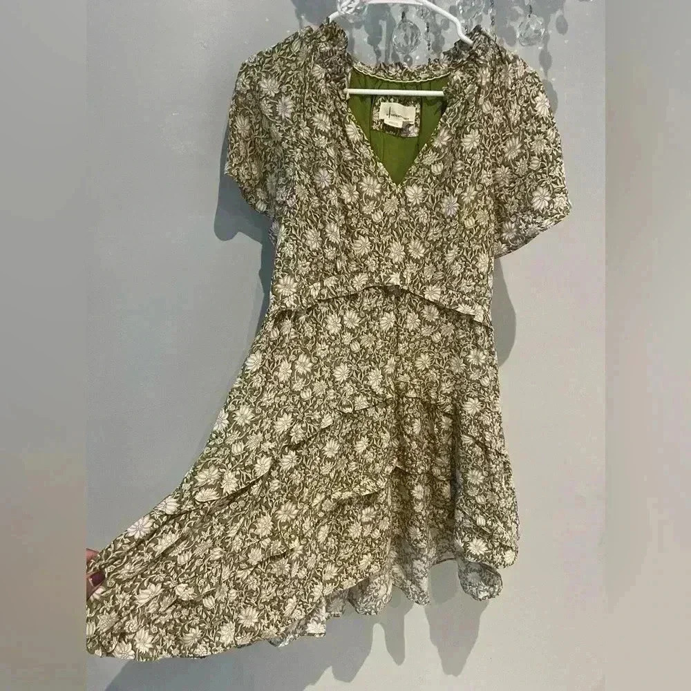 Anthropologie Liberty Floral Ruffles Mini Tiered Dress- Moss SIZE XXS - Picture 2 of 6
